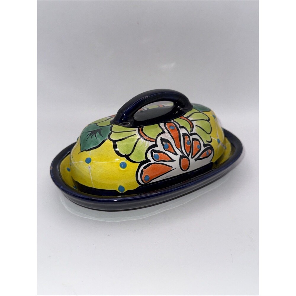 Talavera Mexican Pottery Butter Dish Hand Painted Ceramic Lid Tray 7” - Picture 2 of 11